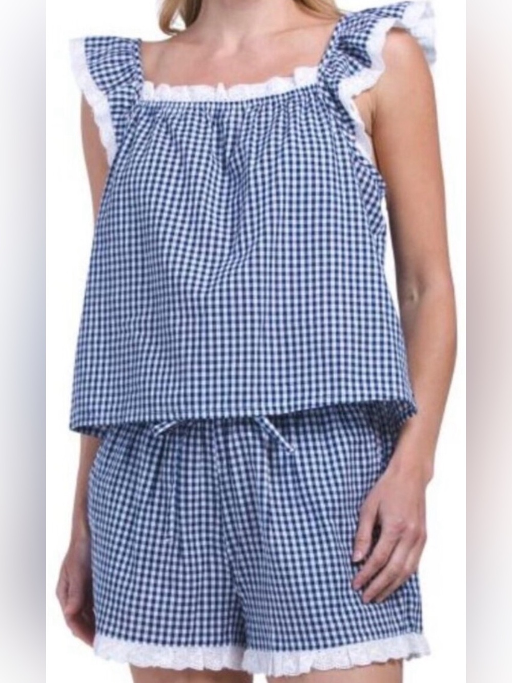 Caroline Constas navy blue gingham Ruffle-Trim / PJ 2 piece / Size Small